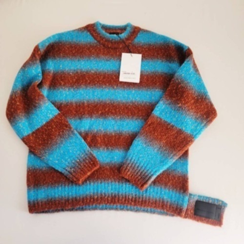 NWT We11done Striped Mohair Sweater Unisex S Blue Brown NEW Oversized Logo Patch